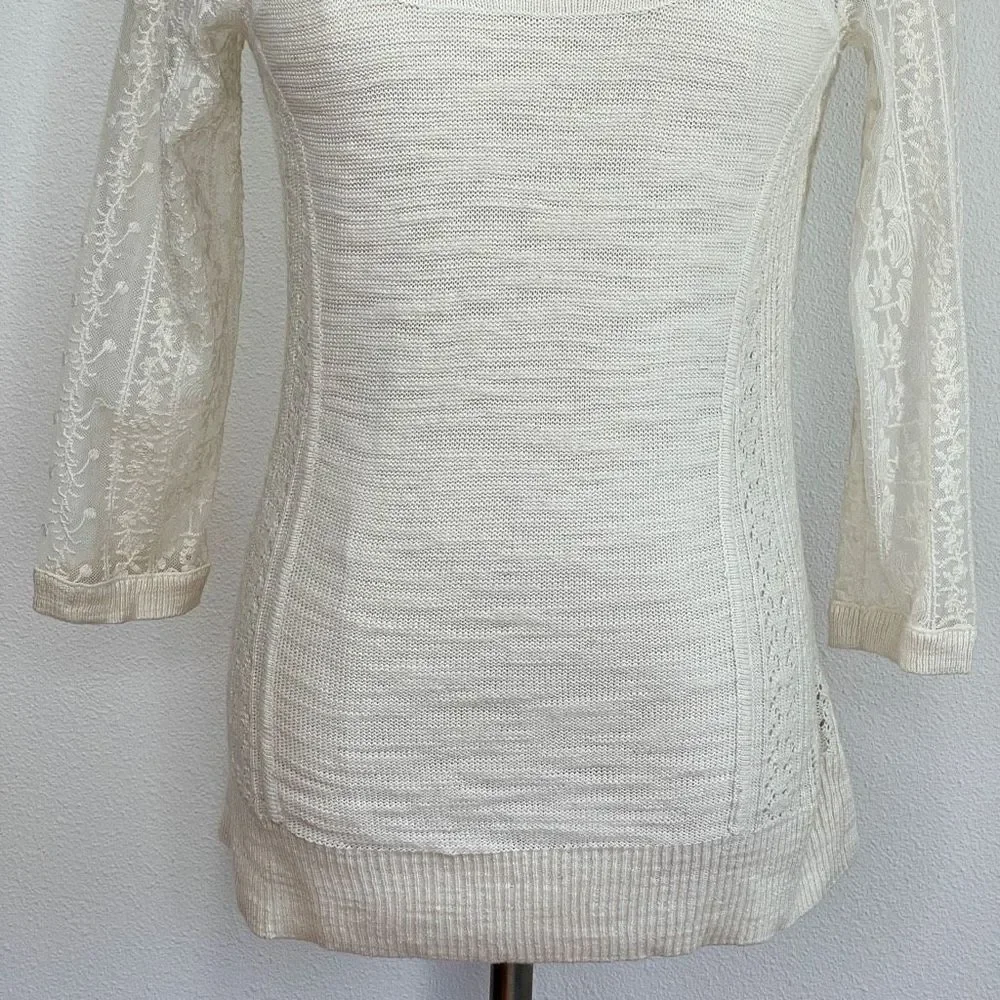Knitted & Knotted Anthropologie Cream Sweater with Lace Sleeves and Open Knit Si